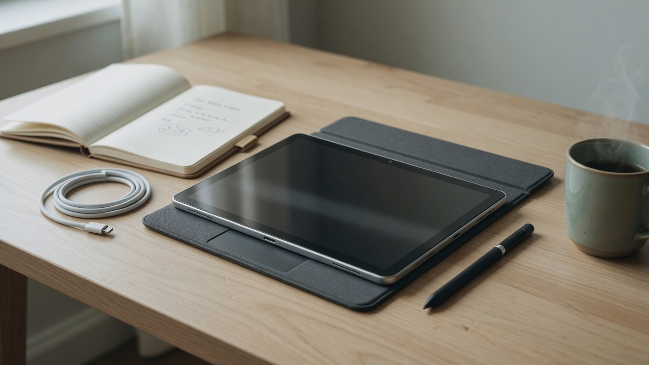 Google Pixel Slate tablet on a work desk with keyboard case and stylus