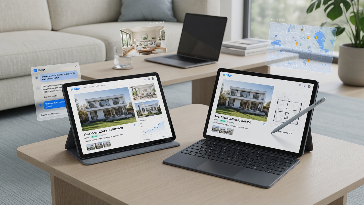 Google Pixel Slate in tablet and keyboard modes with listing-style screens and stylus